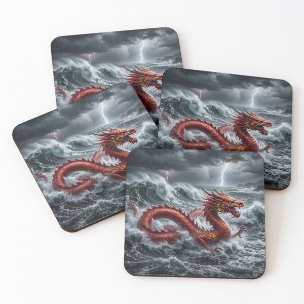 Item preview, A red Chinese dragon swimming in a stormy sea designed and sold by Mente Creativa.