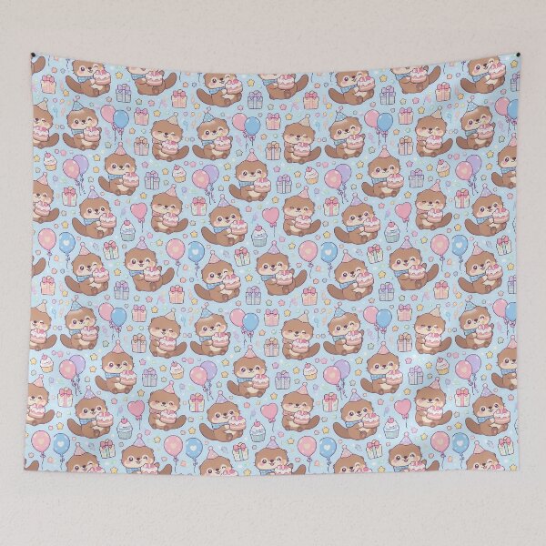 Item preview, Kawaii Birthday Baby Otter Cake Party Pattern designed and sold by Soft Berry Studio.