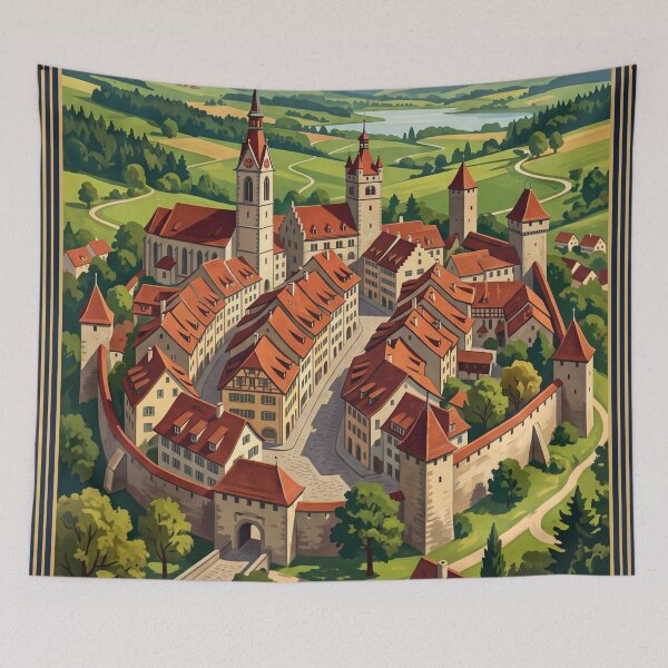 Item preview, Winterthur Switzerland Vintage Travel Poster – Old Town Stadthaus Kyburg Castle designed and sold by Bomax121.