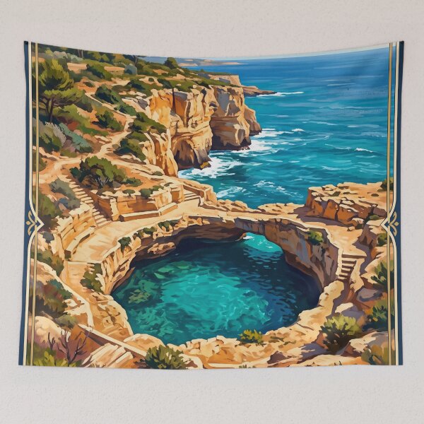 Item preview, Grotta della Poesia Italy Vintage Travel Poster – Roca Vecchia Salento Puglia Sea Cave designed and sold by Bomax121.