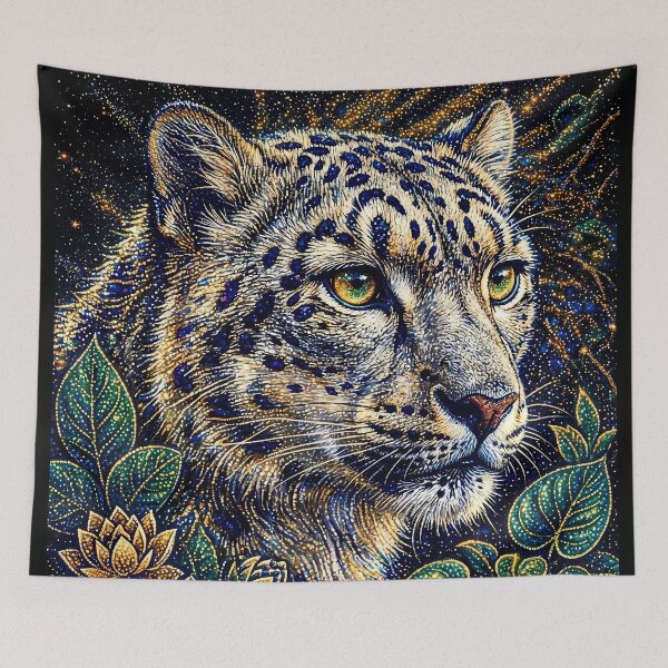 Item preview, Snow Leopard with Golden Eyes and Starry Night Flowers designed and sold by ManJiangHong.