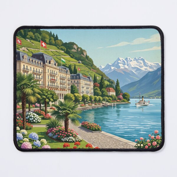 Item preview, Ouchy Lausanne Switzerland Vintage Travel Poster – Lake Geneva Chateau d'Ouchy Savoy Alps designed and sold by Bomax121.