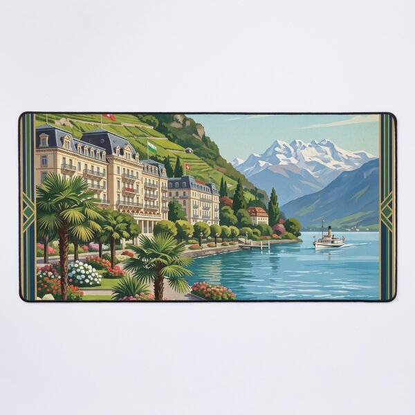 Item preview, Ouchy Lausanne Switzerland Vintage Travel Poster – Lake Geneva Chateau d'Ouchy Savoy Alps designed and sold by Bomax121.