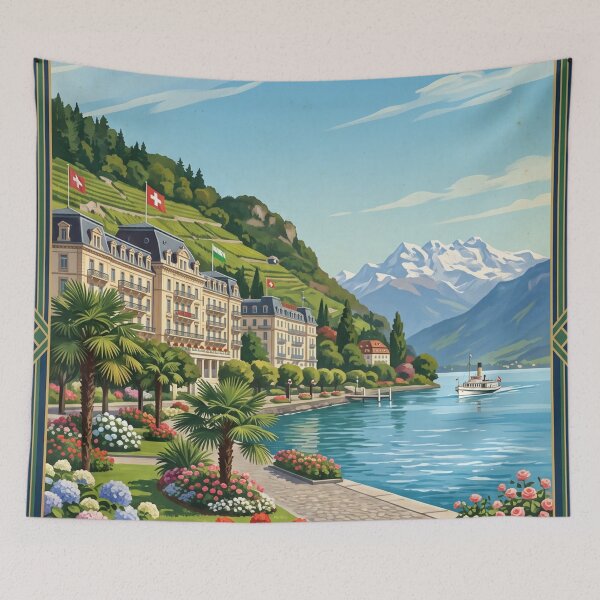 Item preview, Ouchy Lausanne Switzerland Vintage Travel Poster – Lake Geneva Chateau d'Ouchy Savoy Alps designed and sold by Bomax121.