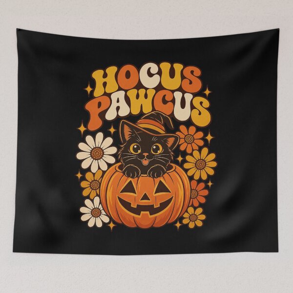 Item preview, Hocus Pawcus 70s Groovy Black Cat Pumpkin Daisy Artwork designed and sold by Aqouiatiqe.