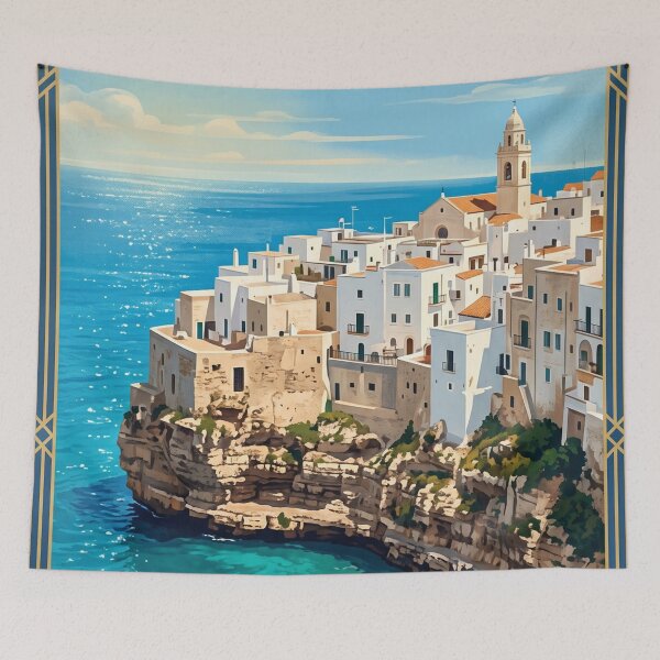 Item preview, Polignano a Mare Italy Vintage Travel Poster – Puglia Adriatic Sea Lama Monachile Coastal Cliffs designed and sold by Bomax121.