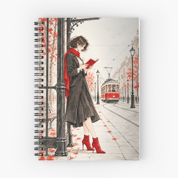 Item preview, Autumn Tram Stop Reader Red Book Ink Art designed and sold by DudasAmiles.