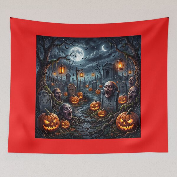 Item preview, Halloween night in a cemetery with terrifying pumpkins designed and sold by Mente Creativa.