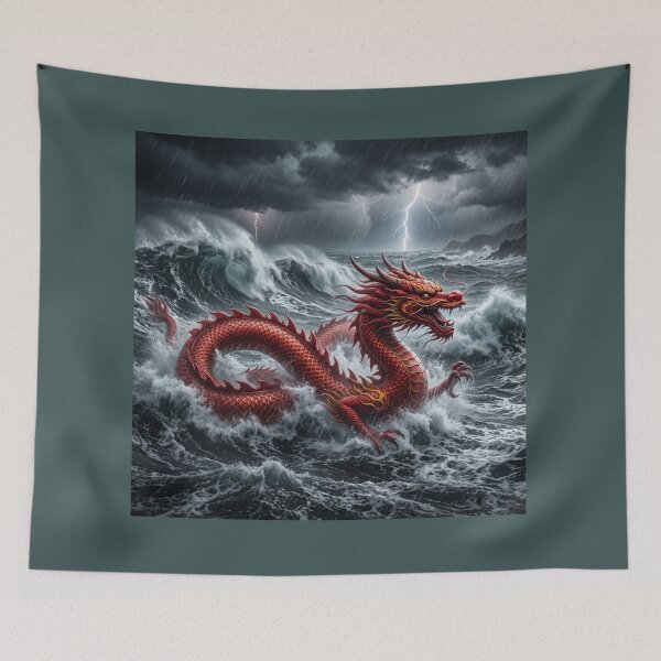 Item preview, A red Chinese dragon swimming in a stormy sea designed and sold by Mente Creativa.