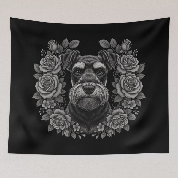Item preview, Schnauzer portrait surrounded by large blooming roses designed and sold by 123ks.