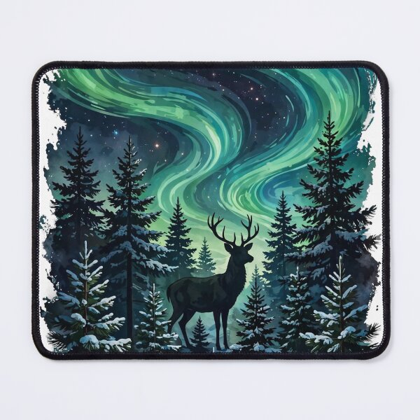 Item preview, Aurora Borealis Over Snowy Pines with Deer - Winter Wildlife Tee designed and sold by KERK Art and Design.