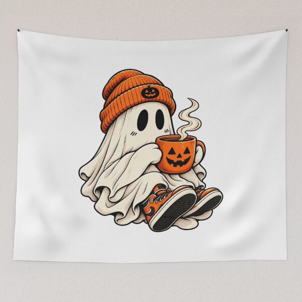 Item preview, Cozy Halloween Ghost Enjoying Pumpkin Coffee designed and sold by EleganceStudio.