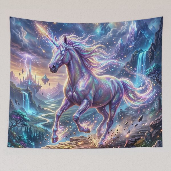Item preview, Rainbow Unicorn in a Fantasy Mountain Landscape designed and sold by Lucid Dream Pixel.