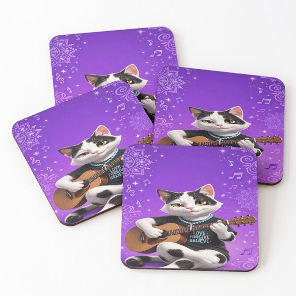 Item preview, Tuxedo Cat Playing Guitar - Purple Mandala Cat Art - Faith Love Music designed and sold by HydStyle99.