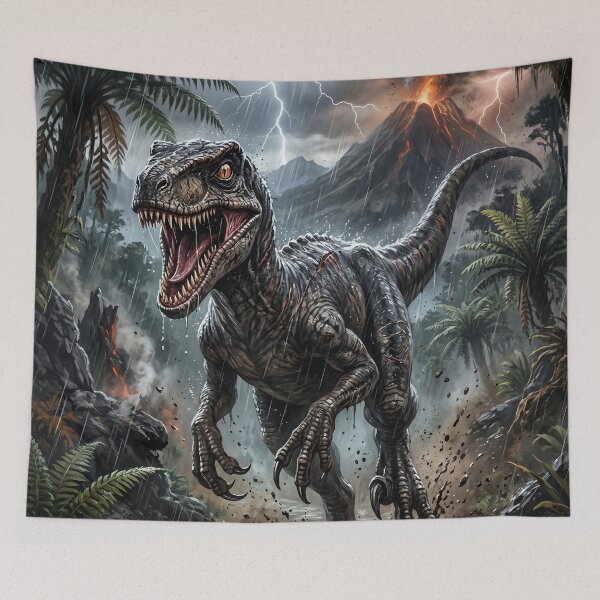 Item preview, Fierce Velociraptor in a Stormy Jungle - Fantasy Art designed and sold by Lucid Dream Pixel.