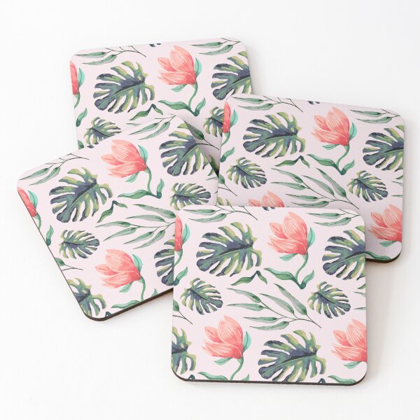 Item preview, Tropical Floral Pattern Watercolor Monstera Leaves & Coral Flowers designed and sold by JRRTs.