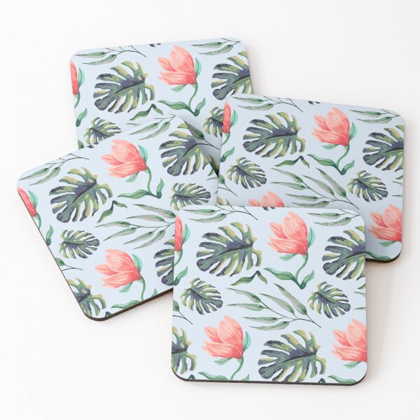 Item preview, Tropical Floral Pattern Watercolor Monstera Leaves & Coral Flowers designed and sold by JRRTs.