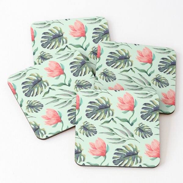 Item preview, Tropical Floral Pattern Watercolor Monstera Leaves & Coral Flowers designed and sold by JRRTs.
