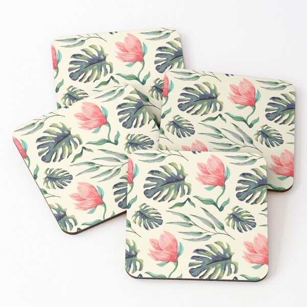 Item preview, Tropical Floral Pattern Watercolor Monstera Leaves & Coral Flowers designed and sold by JRRTs.