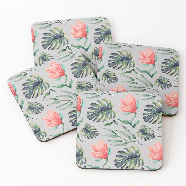 Item preview, Tropical Floral Pattern Watercolor Monstera Leaves & Coral Flowers designed and sold by JRRTs.