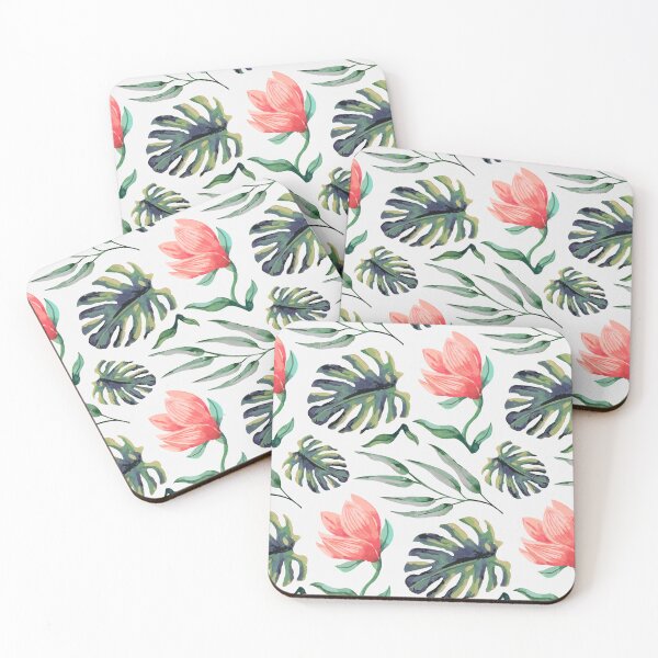 Item preview, Tropical Floral Pattern Watercolor Monstera Leaves & Coral Flowers designed and sold by JRRTs.