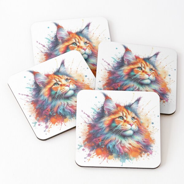 Aperçu de l'œuvre Portrait aquarelle coloré de chat Maine Coon créée et vendue par MaedK.