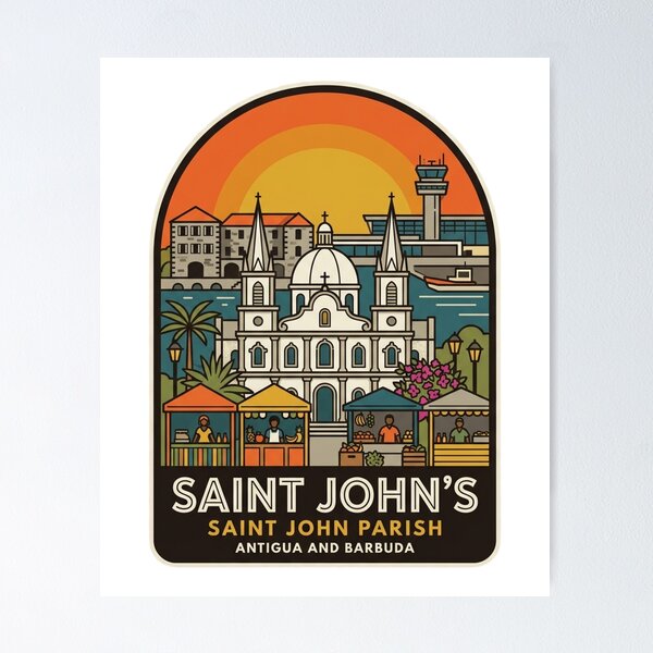 Item preview, Vintage Saint John's Antigua and Barbuda Souvenir Badge, Caribbean Travel Sunset Illustration designed and sold by raedattia.