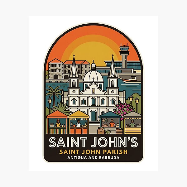 Artikelvorschau, Vintage-Souvenirabzeichen aus Saint John's, Antigua und Barbuda, Karibik-Reise-Sonnenuntergangsillustration entworfen und verkauft von raedattia.