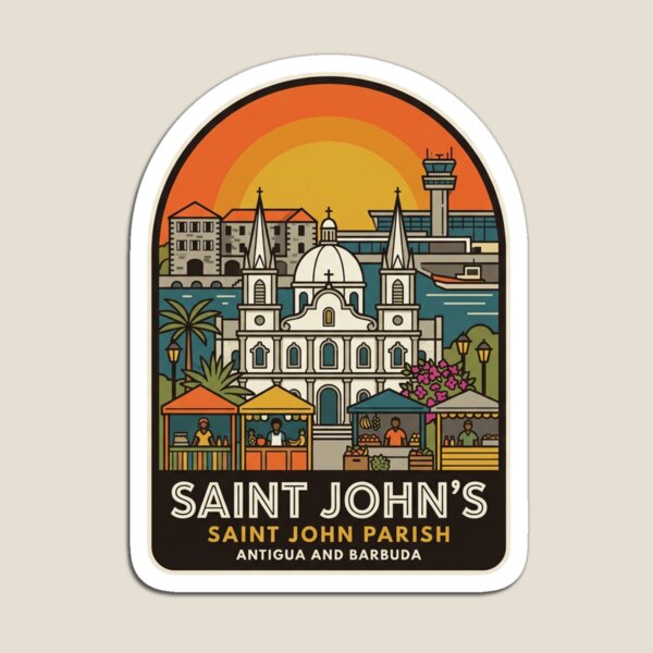 Item preview, Vintage Saint John's Antigua and Barbuda Souvenir Badge, Caribbean Travel Sunset Illustration designed and sold by raedattia.