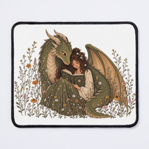 Item preview, Dragon Embrace Reading | Cottagecore Fantasy Dragon Artwork, Floral Accents designed and sold by Escape The Reality.