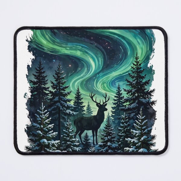 Item preview, Aurora Borealis Over Snowy Pines with Deer - Winter Wildlife Tee designed and sold by KERK Art and Design.