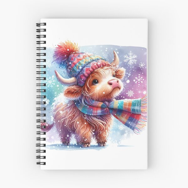 Item preview, Cute Scottish Highland Cow Calf in Winter Snow Wearing Hat and Scarf Colorful Watercolor designed and sold by MaedK.