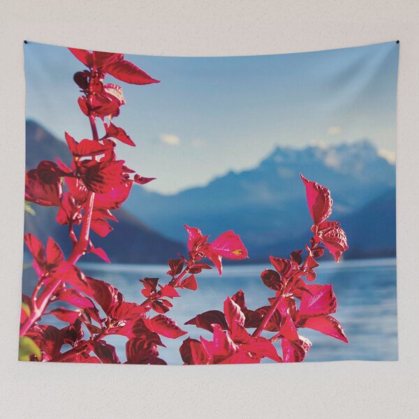 Item preview, Vibrant Red Flowers Alpine Lake Landscape Poster Art Print designed and sold by NestTshirt.