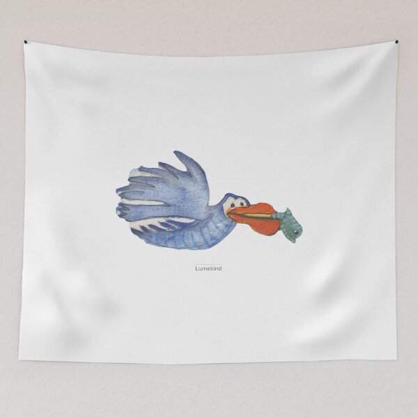 Item preview, Blue Bird Catching a Fish | Whimsical Watercolor Flying Bird designed and sold by lumekind.