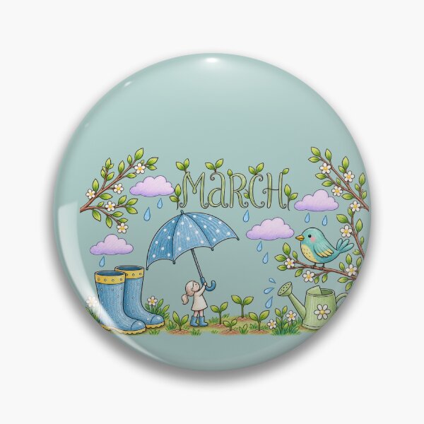 Item preview, Hello March – Whimsical Spring Rain Garden & Cute Bird Illustration designed and sold by Mylittleshop26.