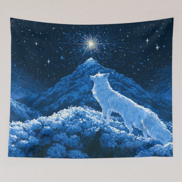 Item preview, White fox looking up at a glowing bright star designed and sold by scicilysimonee.