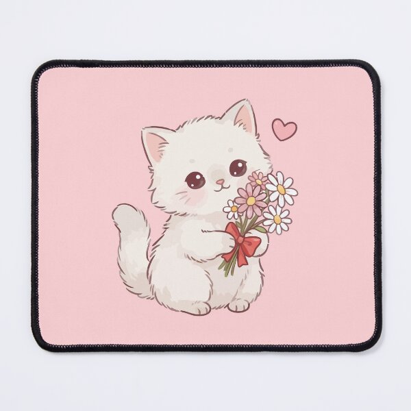 Item preview, Cute White Kitten Holding Daisy Flowers Bouquet Kawaii Cat designed and sold by Amir Faysal.