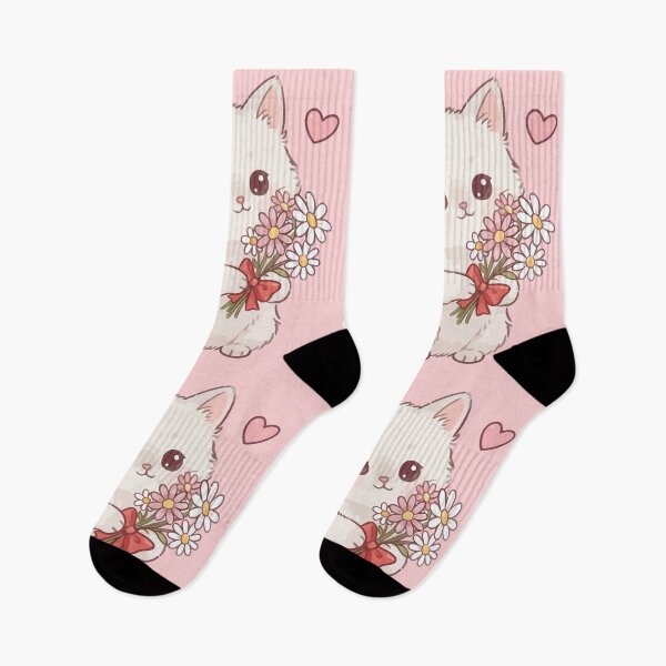 Item preview, Cute White Kitten Holding Daisy Flowers Bouquet Kawaii Cat designed and sold by Amir Faysal.