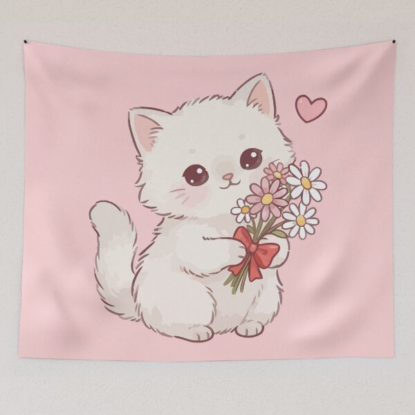 Item preview, Cute White Kitten Holding Daisy Flowers Bouquet Kawaii Cat designed and sold by Amir Faysal.