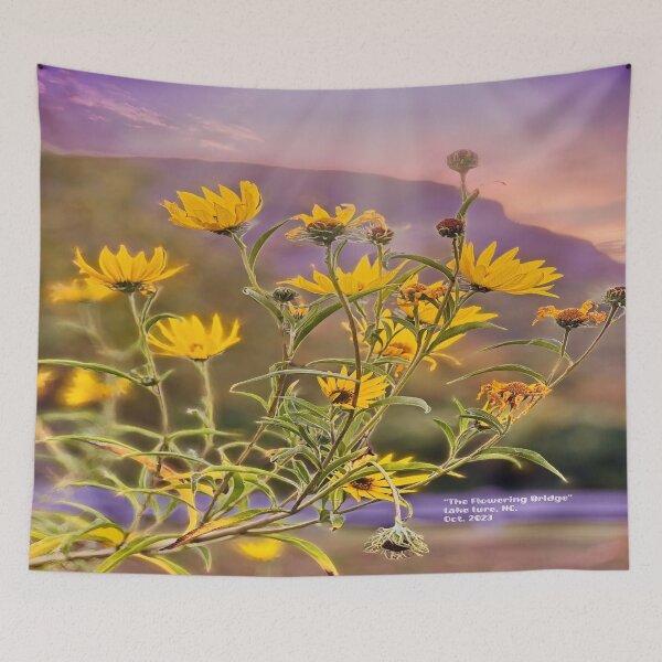 Item preview, Yellow flowers at Flowering Bridge with Mountains Behind in Lake Lure, NC designed and sold by NC NatureVisions.