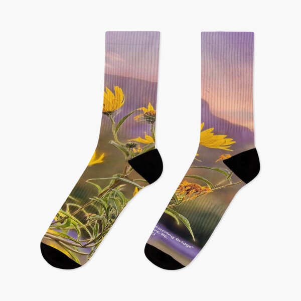 Item preview, Yellow flowers at Flowering Bridge with Mountains Behind in Lake Lure, NC designed and sold by NC NatureVisions.
