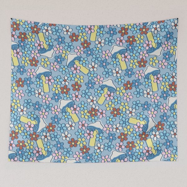 Item preview, Cottagecore Country Retro Mushrooms in Dusty Blue designed and sold by YesterdayColl.
