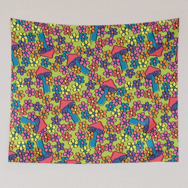 Item preview, Retro Country Mushrooms in Neon Rainbow designed and sold by YesterdayColl.
