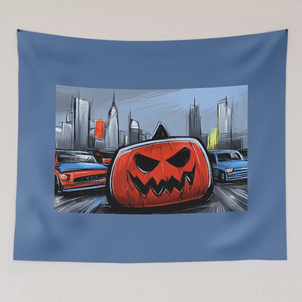 Item preview, Menacing Jack O Lantern in a Surreal Cityscape with Brightly Colored Cars Vibrant Halloween Energy designed and sold by OlfactoART Studio.