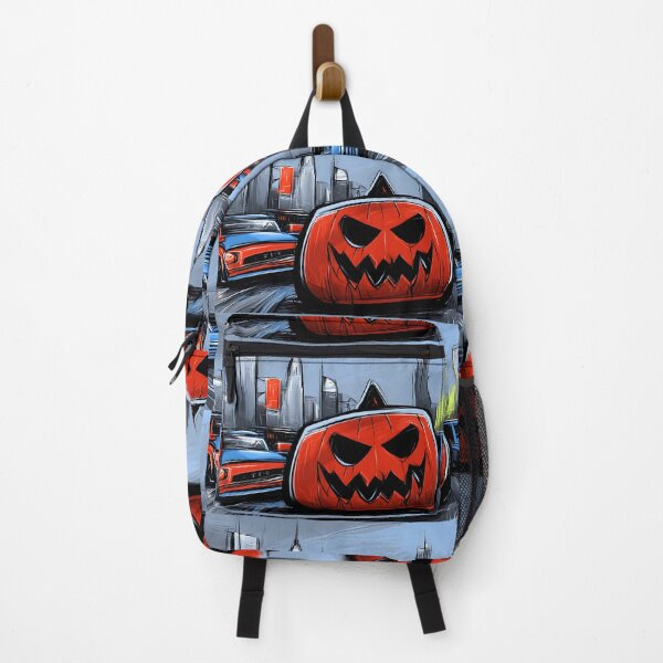 Item preview, Menacing Jack O Lantern in a Surreal Cityscape with Brightly Colored Cars Vibrant Halloween Energy designed and sold by OlfactoART Studio.