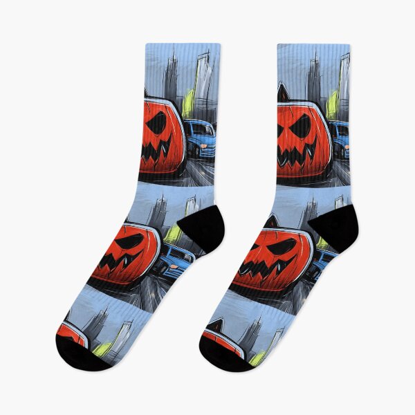 Item preview, Menacing Jack O Lantern in a Surreal Cityscape with Brightly Colored Cars Vibrant Halloween Energy designed and sold by OlfactoART Studio.