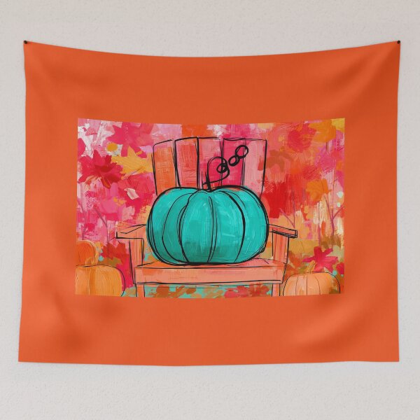 Item preview, Turquoise Pumpkin on an Orange Chair in Vibrant Autumn Colors with Bold Brushstrokes and Fall Energy designed and sold by OlfactoART Studio.