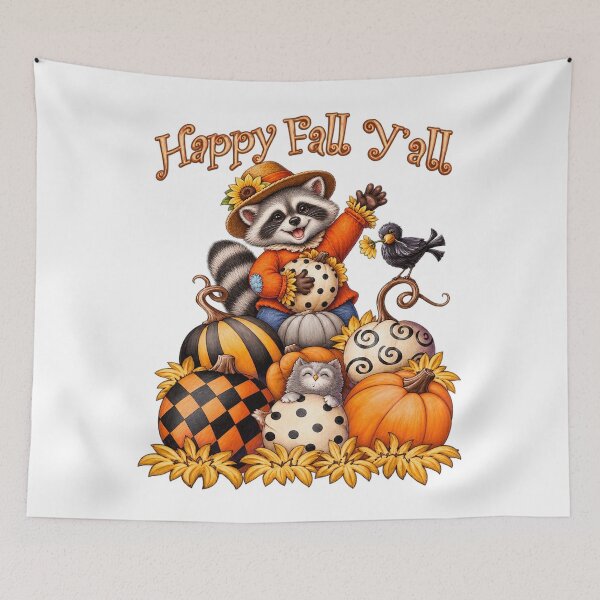 Item preview, Happy Fall Y'all Cute Raccoon Pumpkin Patch Illustration designed and sold by CozyCubs-Art.