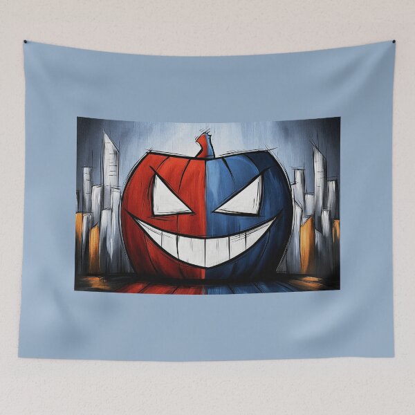 Item preview, Mischievous Halloween Pumpkin in Vivid Red and Blue with a Geometric Cityscape Modern Urban designed and sold by OlfactoART Studio.