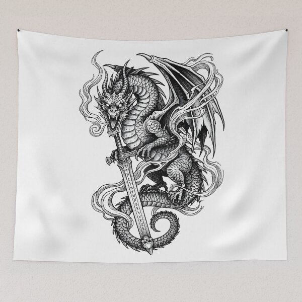 Item preview, White-Eyed Flame Dragon with Skull-Tip Blade - Ink Art designed and sold by DragonSerpent Ink.